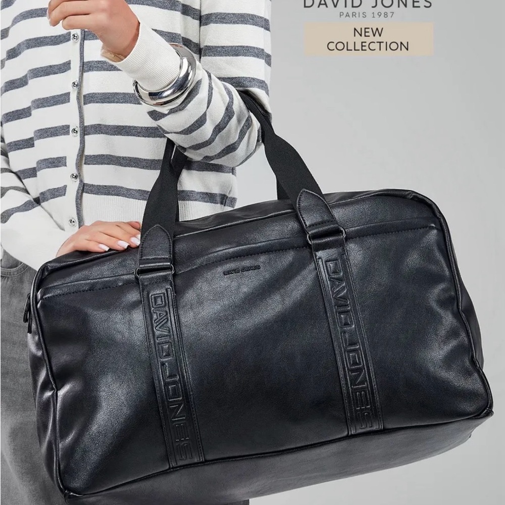 David Jones Black Leather Travel Duffle Bag Gym Weekender 20x11x9 in - Picture 10 of 12